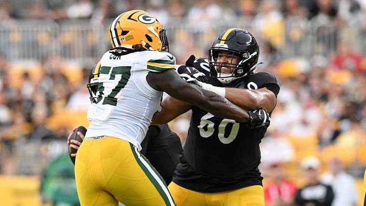 Aug 13, 2026; Pittsburgh, Pennsylvania, USA; Pittsburgh Steelers offensive tackle Dylan Cook (60) blocks Green Bay Packers defensive end Brenton Cox Jr. (57) during the first half at Acrisure Stadium. Mandatory Credit: Barry Reeger-Imagn Images Aug 13, 2026; Pittsburgh, Pennsylvania, USA; Pittsburgh Steelers offensive tackle Dylan Cook (60) blocks Green Bay Packers defensive end Brenton Cox Jr. (57) during the first half at Acrisure Stadium. Mandatory Credit: Barry Reeger-Imagn Images