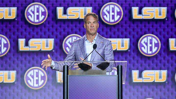 LSU Tigers head coach Lane Kiffin speaks to the press during SEC Football Kickoff Media Day at the Tampa Marriott.