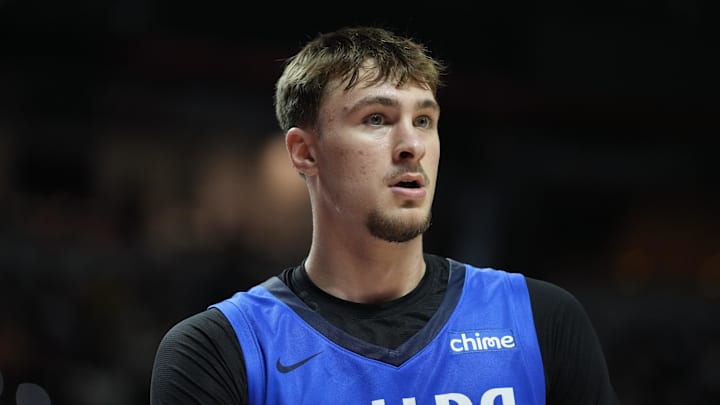 Jul 12, 2025; Las Vegas, NV, USA; Dallas Mavericks forward Cooper Flagg (32) looks on against the San Antonio Spurs in the second quarter of their game at Thomas & Mack Center. Mandatory Credit: Candice Ward-Imagn Images Jul 12, 2025; Las Vegas, NV, USA; Dallas Mavericks forward Cooper Flagg (32) looks on against the San Antonio Spurs in the second quarter of their game at Thomas & Mack Center. Mandatory Credit: Candice Ward-Imagn Images