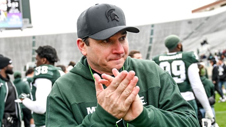 Michigan State's head coach Jonathan Smith leaves the file after the Spring Showcase on Saturday, April 20, 2024, at Spartan Stadium in East Lansing.