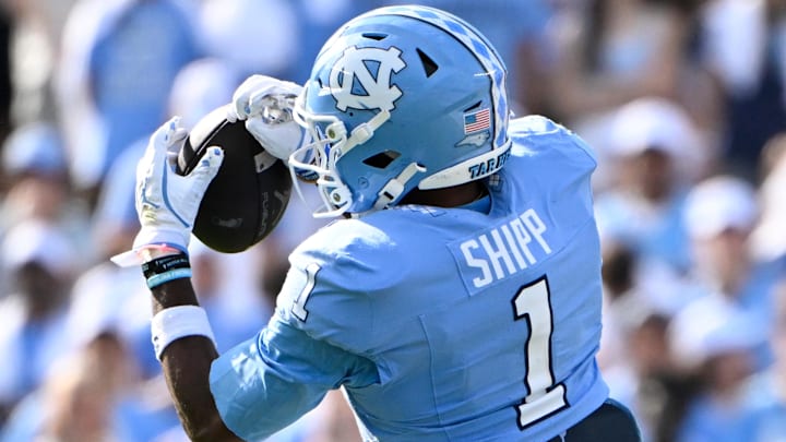 Sep 13, 2025; Chapel Hill, North Carolina, USA; North Carolina Tar Heels wide receiver Jordan Shipp (1) makes a catch in the second quarter at Kenan Stadium. Mandatory Credit: Bob Donnan-Imagn Images