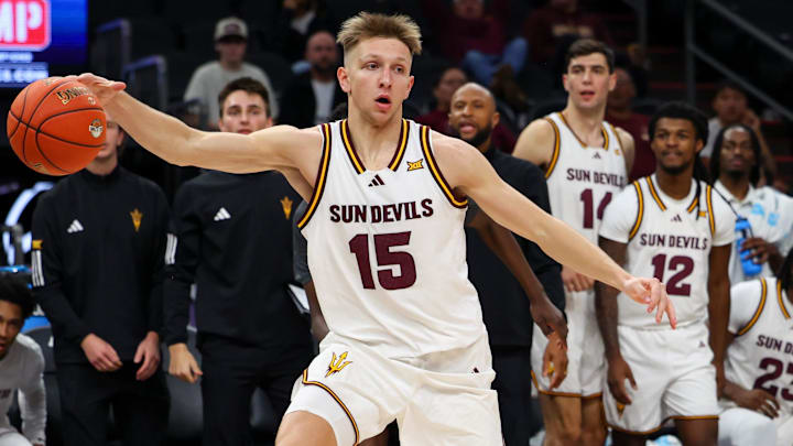 Dec 6, 2025; Phoenix, Arizona, USA; Arizona State University Sun Devils guard Noah Meeusen (15) dribbles the ball against Oklahoma University Sooners at PHX Arena. Mandatory Credit: Anna Carrington-Imagn Images