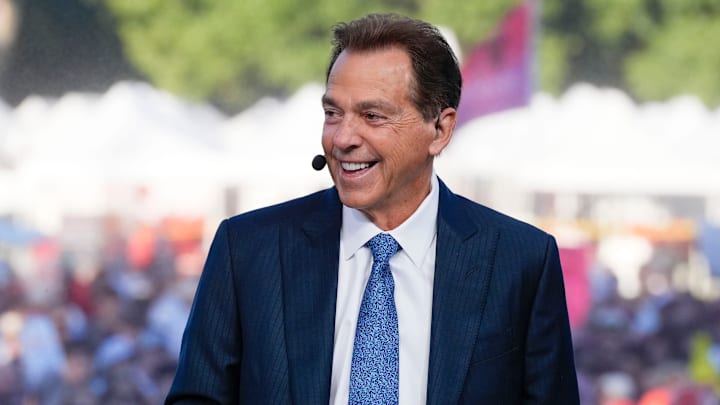Oct. 4, 2025; Tuscaloosa, Alabama, USA; Former Alabama coach Nick Saban smiles as he is on set during ESPN’s College GameDay on location on the Quad at the University of Alabama before the Alabama versus Vanderbilt game. Oct. 4, 2025; Tuscaloosa, Alabama, USA; Former Alabama coach Nick Saban smiles as he is on set during ESPN’s College GameDay on location on the Quad at the University of Alabama before the Alabama versus Vanderbilt game.