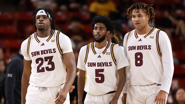 Jan 3, 2026; Tempe, Arizona, USA; Arizona State Sun Devils forward Allen Mukeba (23), guard Maurice Odum (5) and forward Marcus Adams Jr. (8) against the Colorado Buffaloes at Desert Financial Arena. Mandatory Credit: Mark J. Rebilas-Imagn Images Jan 3, 2026; Tempe, Arizona, USA; Arizona State Sun Devils forward Allen Mukeba (23), guard Maurice Odum (5) and forward Marcus Adams Jr. (8) against the Colorado Buffaloes at Desert Financial Arena. Mandatory Credit: Mark J. Rebilas-Imagn Images