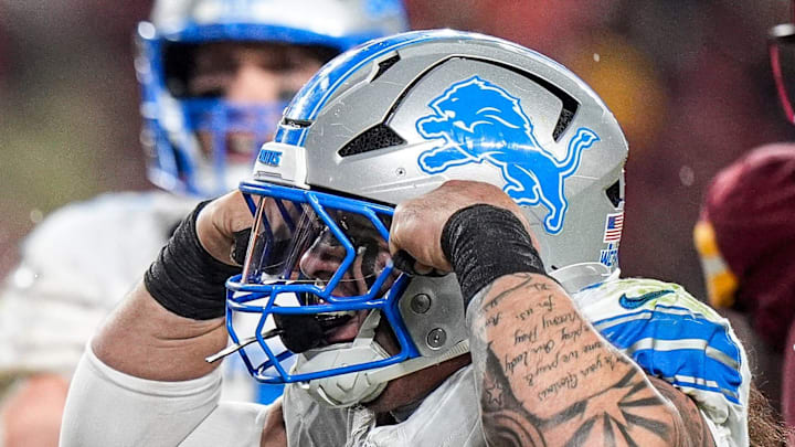 Detroit Lions defensive tackle Roy Lopez (51) celebrates a tackle against Washington Commanders during the second half