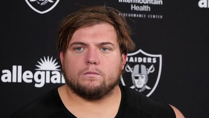 Las Vegas Raiders lineman Jackson Powers-Johnson during training camp press conference.