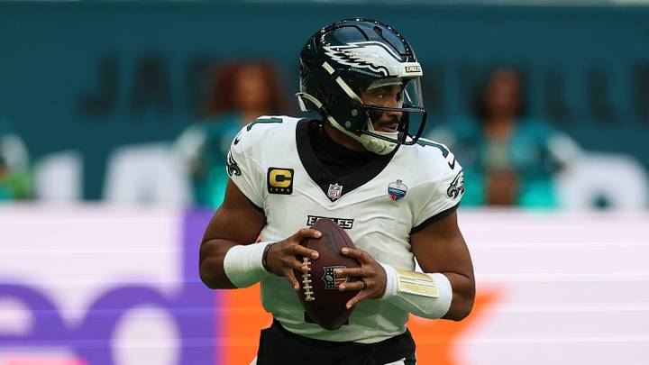 Philadelphia Eagles quarterback Jalen Hurts (1) drops back to pass during the second half against the Jacksonville Jaguars at Tottenham Hotspur Stadium. Mandatory Credit: Nathan Ray Seebeck-Imagn Images Philadelphia Eagles quarterback Jalen Hurts (1) drops back to pass during the second half against the Jacksonville Jaguars at Tottenham Hotspur Stadium. Mandatory Credit: Nathan Ray Seebeck-Imagn Images