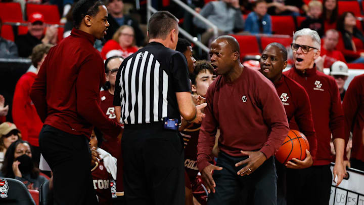 Boston College Eagles head coach Earl Grant reacts tot he referee during the second half of the game against North Carolina State Wolfpack at Lenovo Center.