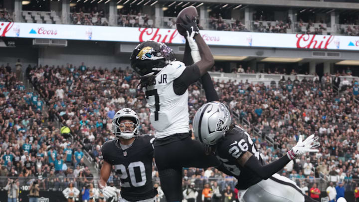 Nov 2, 2025; Paradise, Nevada, USA; Jacksonville Jaguars wide receiver Brian Thomas Jr. (7) attempts a catch during the first half against the Las Vegas Raiders at Allegiant Stadium. Mandatory Credit: Kirby Lee-Imagn Images