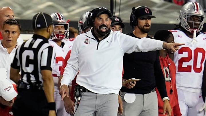 Ohio State coach Ryan Day reacts to a call during his team's game against Oregon at Autzen Stadium.