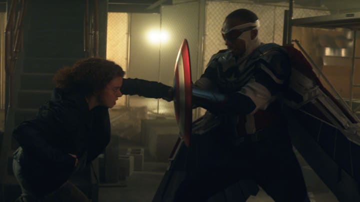 (L-R): Karli Morgenthau (Erin Kellyman) and Falcon/Sam Wilson (Anthony Mackie) in Marvel Studios’ THE FALCON AND THE WINTER SOLDIER. Photo courtesy of Marvel Studios. ©Marvel Studios 2021. All Rights Reserved.