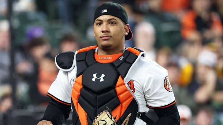 Sep 10, 2025; Baltimore, Maryland, USA; Baltimore Orioles catcher Samuel Basallo (29) looks on during the fourth inning against the Pittsburgh Pirates at Oriole Park at Camden Yards. Mandatory Credit: Daniel Kucin Jr.-Imagn Images
