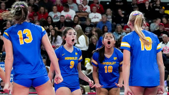 The Humboldt Wildcats react after a point is scored Nov. 6, 2025 during a Class 3A Iowa high school state volleyball championship against Davenport Assumption in Coralville, Iowa.