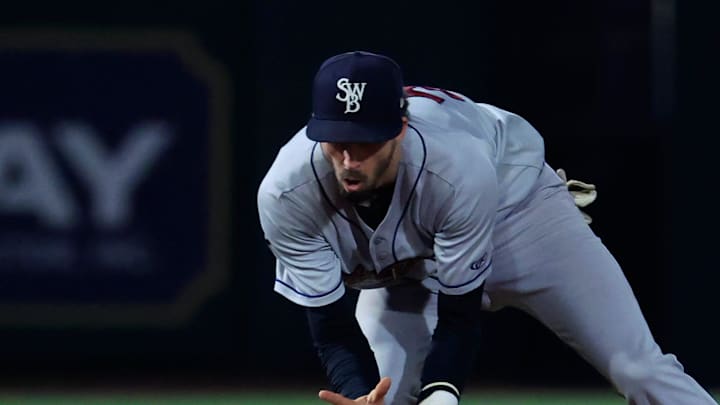 Scranton/Wilkes-Barre RailRiders infielder Braden Shewmake (23) fields a hit during the fourth inning of Game 3 of an MiLB International League Championship Series at VyStar Ballpark Thursday, Sept. 25, 2025 in Jacksonville, Fla. The Jacksonville Jumbo Shrimp defeated the Scranton/Wilkes-Barre RailRiders 7-4 and took home the title in a best-of-three game series. [Corey Perrine/Florida Times-Union]