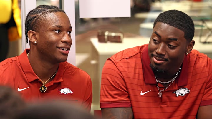 Arkansas Razorbacks quarterback KJ Jackson and defensive end Quincy Rhodes Jr announce that they will remain at Arkansas during the introductory press conference for new coach Ryan Silverfield  at Frank Broyles Center in Fayetteville, Ark.