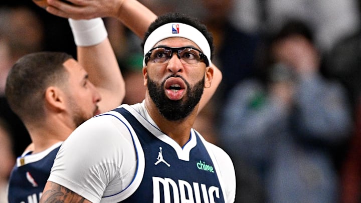 Dec 18, 2025; Dallas, Texas, USA; Dallas Mavericks forward Anthony Davis (3) looks on during the game between the Pistons and Mavericks at the American Airlines Center. Mandatory Credit: Jerome Miron-Imagn Images