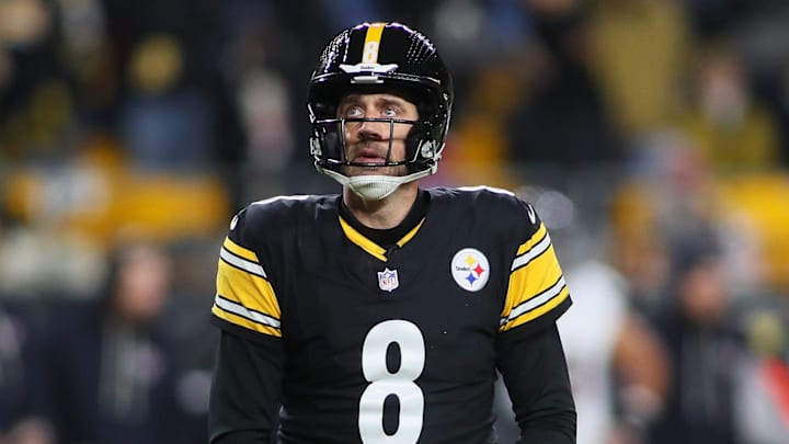 Pittsburgh Steelers quarterback Aaron Rodgers (8) looks on after being sacked during the first half of the NFL Wild Card game against the Houston Texans at Acrisure Stadium in Pittsburgh, PA on January 12, 2026.