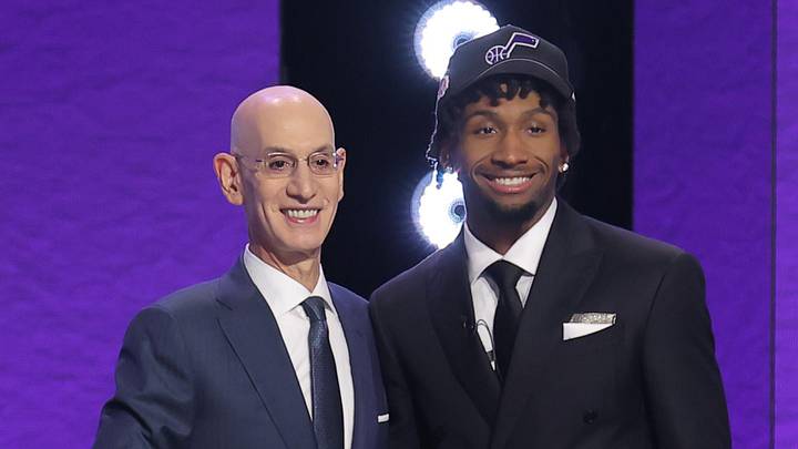 Jun 23, 2026; New York, NY, USA; NBA commissioner Adam Silver greets the second pick in the 2026 NBA draft, Kansas guard Darryn Peterson after he was selected by the Utah Jazz at Barclays Center. Mandatory Credit: Brad Penner-Imagn Images