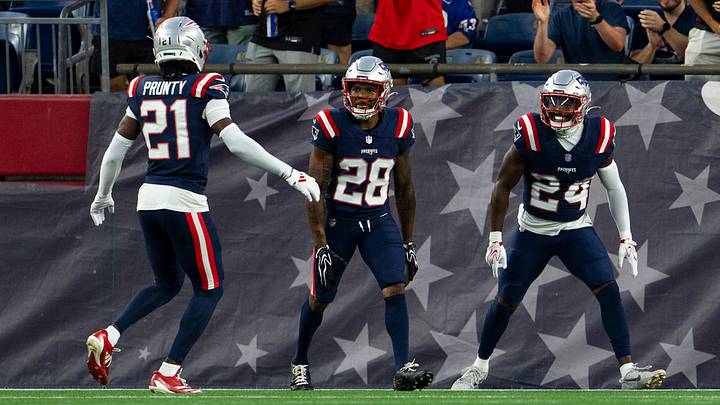 Aug 13, 2026; Foxborough, Massachusetts, USA; New England Patriots cornerback Karon Prunty (21), cornerback Kindle Vildor (28) and safety Dell Pettus (24) celebrate a first quarter play against the Indianapolis Colts at Gillette Stadium. Mandatory Credit: Natalie Reid-Imagn Images Aug 13, 2026; Foxborough, Massachusetts, USA; New England Patriots cornerback Karon Prunty (21), cornerback Kindle Vildor (28) and safety Dell Pettus (24) celebrate a first quarter play against the Indianapolis Colts at Gillette Stadium. Mandatory Credit: Natalie Reid-Imagn Images