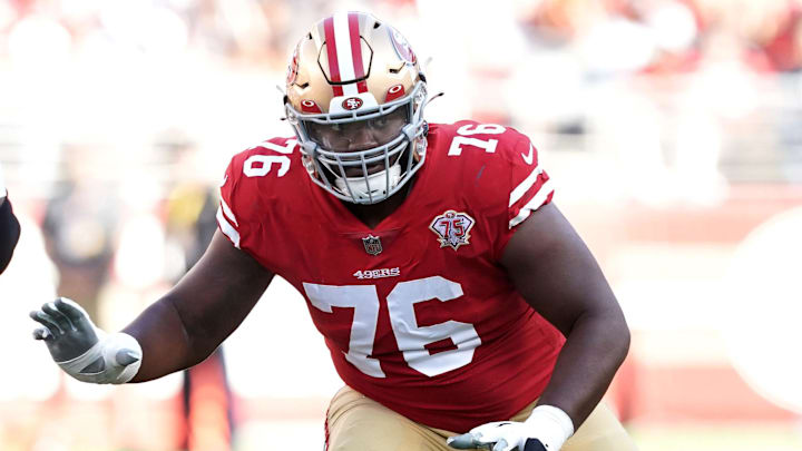 Oct 3, 2021; Santa Clara, California, USA; San Francisco 49ers offensive tackle Jaylon Moore (76) blocks during the fourth quarter against the Seattle Seahawks at Levi's Stadium. Mandatory Credit: Darren Yamashita-Imagn Images Oct 3, 2021; Santa Clara, California, USA; San Francisco 49ers offensive tackle Jaylon Moore (76) blocks during the fourth quarter against the Seattle Seahawks at Levi's Stadium. Mandatory Credit: Darren Yamashita-Imagn Images