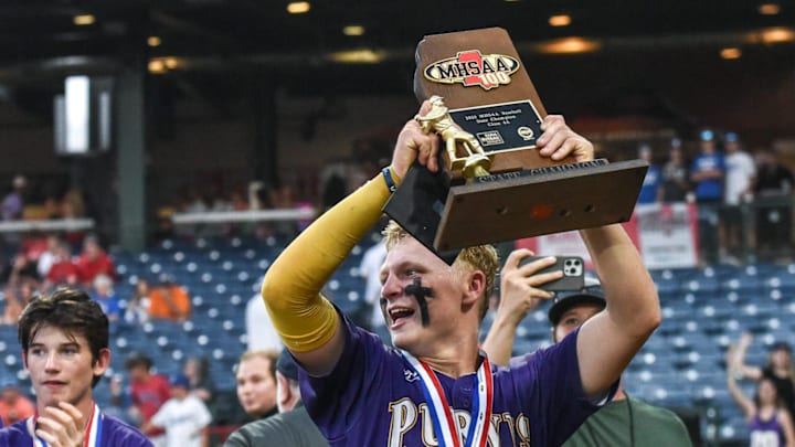 Purvis' Jojo Parker (1) celebrates the team's win after playing West Lauderdale during the MHSAA class 6A baseball championships at Trustmark Park in Pearl, Miss., Friday, June 2, 2023.