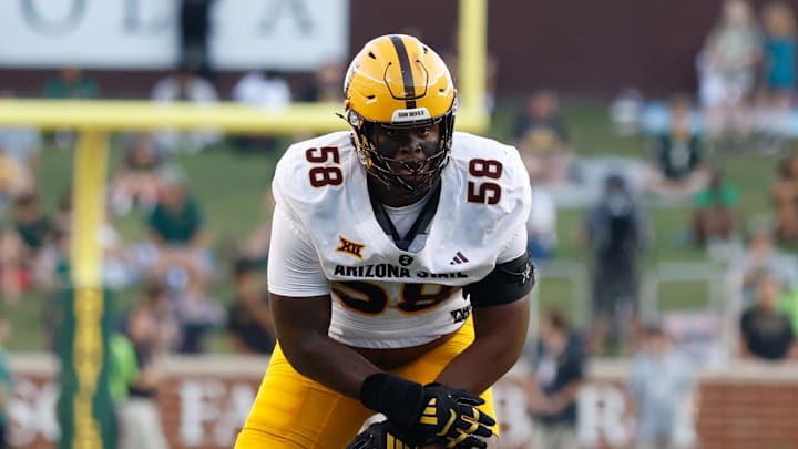 Sep 20, 2025; Waco, Texas, USA; Arizona State Sun Devils offensive lineman Max Iheanachor (58) in action against the Baylor Bears during the first half at McLane Stadium. Mandatory Credit: Chris Jones-Imagn Images