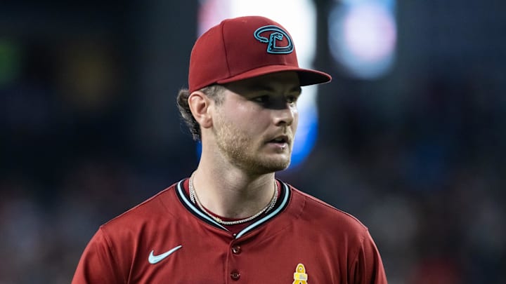 Sep 7, 2025; Phoenix, Arizona, USA; Arizona Diamondbacks pitcher Ryne Nelson against the Boston Red Sox at Chase Field. Mandatory Credit: Mark J. Rebilas-Imagn Images