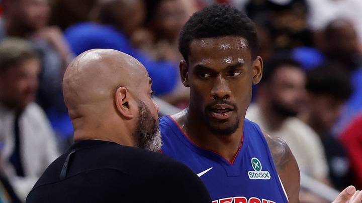 May 13, 2026; Detroit, Michigan, USA; Detroit Pistons head coach J.B. Bickerstaff talks to center Jalen Duren (0) in the second half against the Cleveland Cavaliers during game five of the second round of the 2026 NBA Playoffs at Little Caesars Arena. Mandatory Credit: Rick Osentoski-Imagn Images