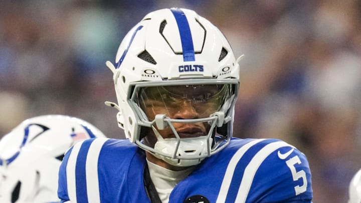 Oct 5, 2025; Indianapolis, Indiana, USA; Indianapolis Colts quarterback Anthony Richardson (5) hands off the ball during a game against the Las Vegas Raiders at Lucas Oil Stadium in Indianapolis at Lucas Oil Stadium. Mandatory Credit: Grace Smith-USA TODAY Network via Imagn Images Oct 5, 2025; Indianapolis, Indiana, USA; Indianapolis Colts quarterback Anthony Richardson (5) hands off the ball during a game against the Las Vegas Raiders at Lucas Oil Stadium in Indianapolis at Lucas Oil Stadium. Mandatory Credit: Grace Smith-USA TODAY Network via Imagn Images