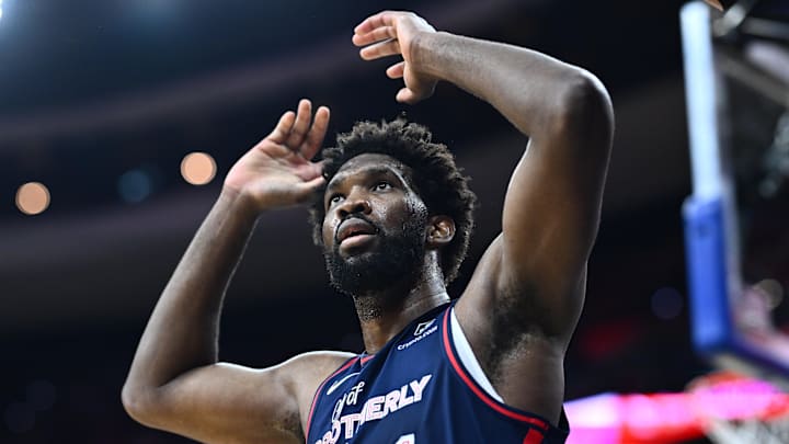 Nov 4, 2023; Philadelphia, Pennsylvania, USA; Philadelphia 76ers center Joel Embiid (21) reacts after scoring against the Phoenix Suns in the third quarter at Wells Fargo Center. Mandatory Credit: Kyle Ross-Imagn Images
