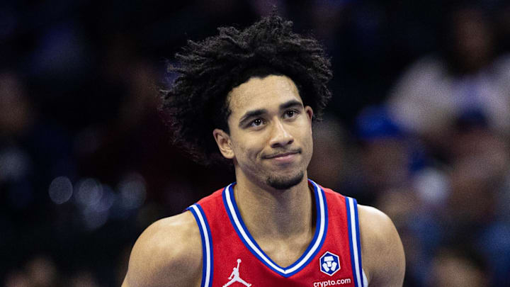 Nov 22, 2024; Philadelphia, Pennsylvania, USA; Philadelphia 76ers guard Jared McCain (20) reacts to his three pointer against the Brooklyn Nets during the first quarter at Wells Fargo Center. Mandatory Credit: Bill Streicher-Imagn Images