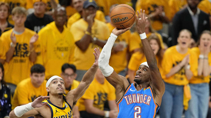 Jun 19, 2025; Indianapolis, Indiana, USA; Oklahoma City Thunder guard Shai Gilgeous-Alexander (2) shoots the ball against Indiana Pacers guard Andrew Nembhard (2) during the first half of game six of the 2025 NBA Finals between the Oklahoma City Thunder and the Indiana Pacers at Gainbridge Fieldhouse. Mandatory Credit: Kyle Terada-Imagn Images Jun 19, 2025; Indianapolis, Indiana, USA; Oklahoma City Thunder guard Shai Gilgeous-Alexander (2) shoots the ball against Indiana Pacers guard Andrew Nembhard (2) during the first half of game six of the 2025 NBA Finals between the Oklahoma City Thunder and the Indiana Pacers at Gainbridge Fieldhouse. Mandatory Credit: Kyle Terada-Imagn Images