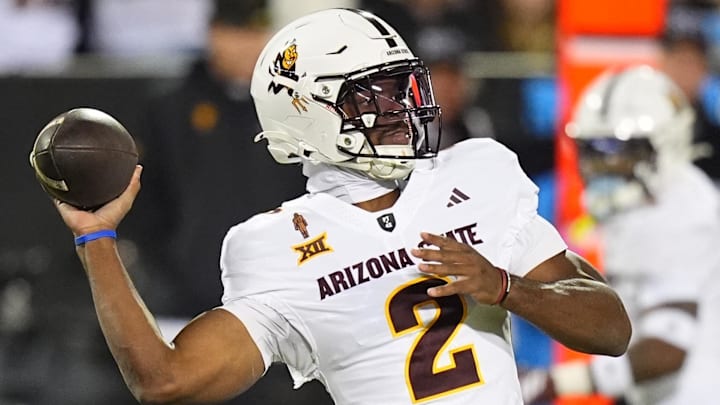 Nov 22, 2025; Boulder, Colorado, USA; Arizona State Sun Devils quarterback Jeff Sims (2) prepares to pass the ball in the first quarter against the Colorado Buffaloes at Folsom Field. Mandatory Credit: Ron Chenoy-Imagn Images