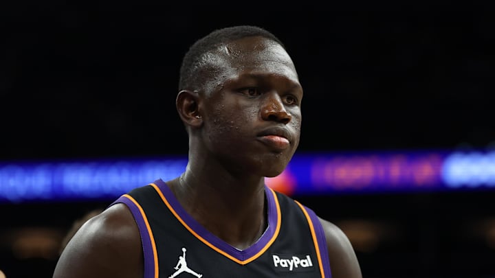 Dec 23, 2025; Phoenix, Arizona, USA; Phoenix Suns center Khaman Maluach (10) against the Los Angeles Lakers at Mortgage Matchup Center. Mandatory Credit: Mark J. Rebilas-Imagn Images