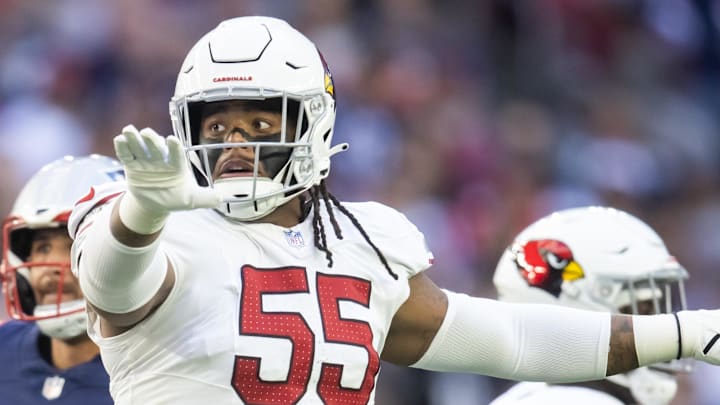 Dec 15, 2024; Glendale, Arizona, USA; Arizona Cardinals defensive tackle Dante Stills (55) against the New England Patriots at State Farm Stadium. Mandatory Credit: Mark J. Rebilas-Imagn Images