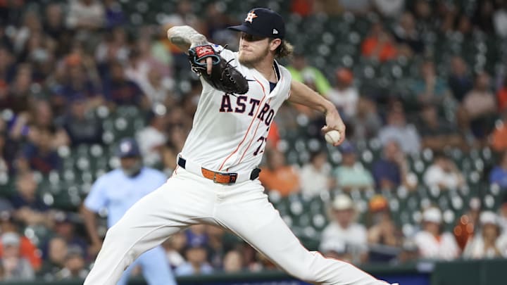 Apr 23, 2025; Houston, Texas, USA;Houston Astros relief pitcher Josh Hader (71) pitches against the Toronto Blue Jays in the ninth inning at Daikin Park. 