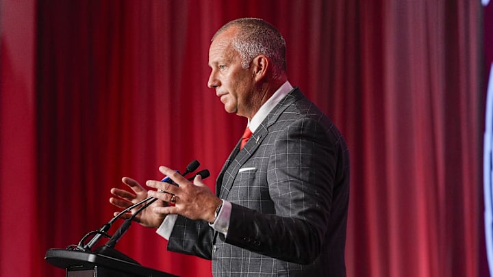 Jul 25, 2024; Charlotte, NC, USA; North Carolina State Wolfpack head coach Dave Doeren speaks to the media during the ACC Kickoff at Hilton Charlotte Uptown. Mandatory Credit: Jim Dedmon-Imagn Images Jul 25, 2024; Charlotte, NC, USA; North Carolina State Wolfpack head coach Dave Doeren speaks to the media during the ACC Kickoff at Hilton Charlotte Uptown. Mandatory Credit: Jim Dedmon-Imagn Images