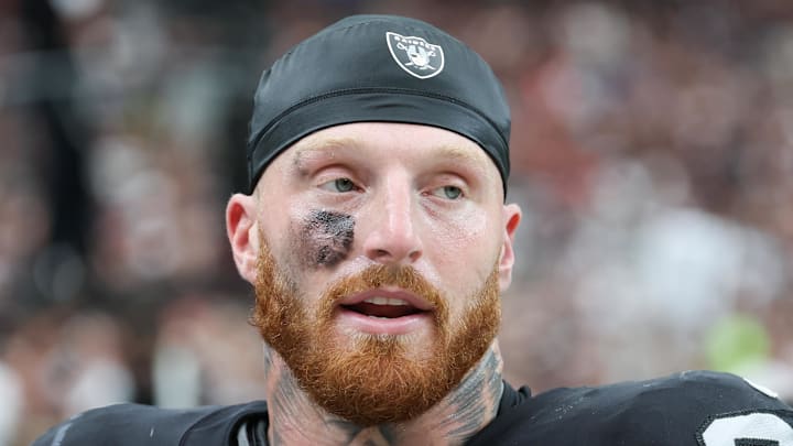 Sep 28, 2025; Paradise, Nevada, USA; Las Vegas Raiders defensive end Maxx Crosby (98) looks on from the sideline during the first quarter against the Chicago Bears at Allegiant Stadium. Mandatory Credit: Kiyoshi Mio-Imagn Images