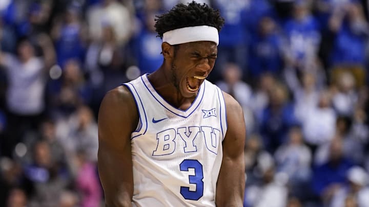Feb 21, 2026; Provo, Utah, USA; BYU Cougars forward AJ Dybantsa (3) reacts during the second half against the Iowa State Cyclones at Marriott Center.