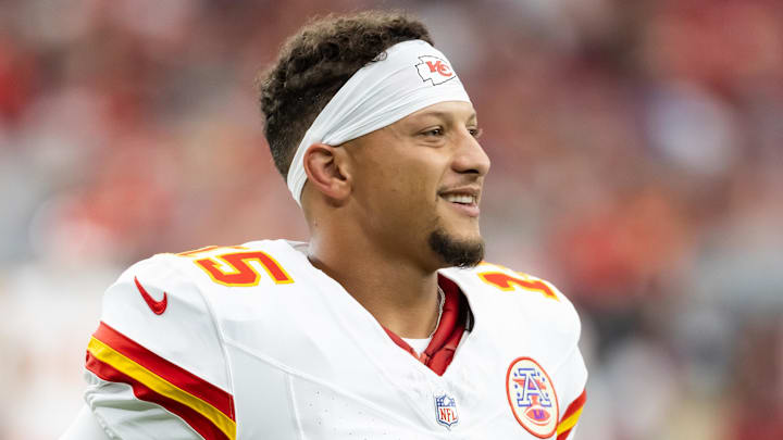 Aug 9, 2025; Glendale, Arizona, USA; Kansas City Chiefs quarterback Patrick Mahomes (15) against the Arizona Cardinals during a preseason NFL game at State Farm Stadium. Mandatory Credit: Mark J. Rebilas-Imagn Images