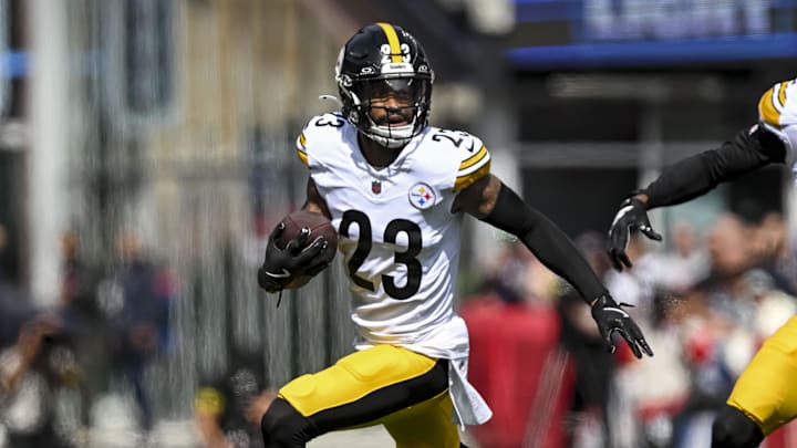 Sep 21, 2025; Foxborough, Massachusetts, USA; Pittsburgh Steelers cornerback Darius Slay (23) reacts after a fumble recovery during the first quarter at Gillette Stadium. Mandatory Credit: Brian Fluharty-Imagn Images