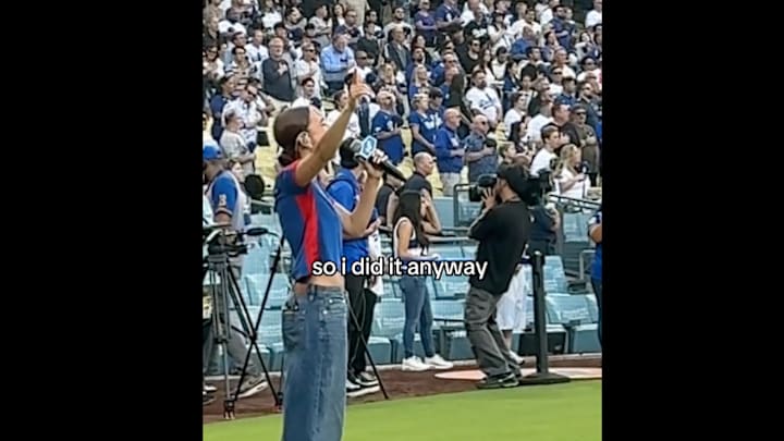 Nezza performs before a Los Angeles Dodgers game.