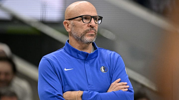 Dec 12, 2025; Dallas, Texas, USA; Dallas Mavericks head coach Jason Kidd looks on during the game between the Mavericks and the Nets at the American Airlines Center. Mandatory Credit: Jerome Miron-Imagn Images