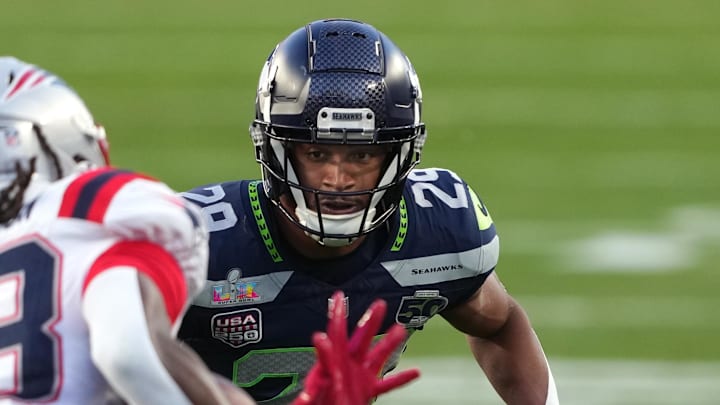 Feb 8, 2026; Santa Clara, CA, USA; Seattle Seahawks cornerback Josh Jobe (29) pursues New England Patriots running back Rhamondre Stevenson (38) during the second quarter in Super Bowl LX at Levi's Stadium.