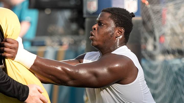 Jacksonville Jaguars guard Emmanuel Pregnon (75) runs a drill during warm ups before hosting the Carolina Panthers at EverBank Stadium in the second preseason game on Friday night, August 21, 2026 in Jacksonville, Fla. [Doug Engle/Florida Times-Union]