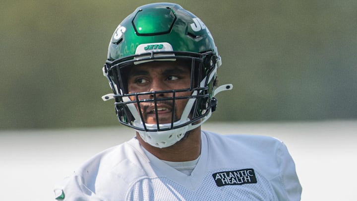 Jul 28, 2021; Florham Park, NJ, United States; New York Jets offensive guard Alijah Vera-Tucker (75) looks on during training camp at Atlantic Health Jets Training Center. Mandatory Credit: Vincent Carchietta-Imagn Images