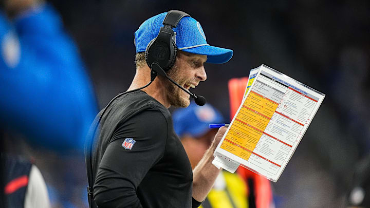 Detroit Lions offensive coordinator Ben Johnson calls a play against Tampa Bay Buccaneers