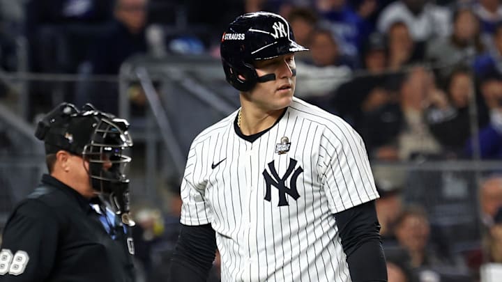Oct 29, 2024; Bronx, New York, USA; New York Yankees first baseman Anthony Rizzo (48) reacts after striking out against the Los Angeles Dodgers in the second inning during game four of the 2024 MLB World Series at Yankee Stadium. Mandatory Credit: Vincent Carchietta-Imagn Images Oct 29, 2024; Bronx, New York, USA; New York Yankees first baseman Anthony Rizzo (48) reacts after striking out against the Los Angeles Dodgers in the second inning during game four of the 2024 MLB World Series at Yankee Stadium. Mandatory Credit: Vincent Carchietta-Imagn Images