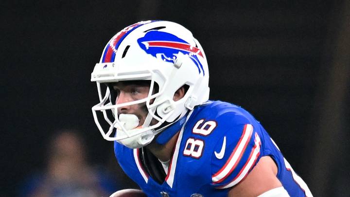 Sep 17, 2026; Orchard Park, New York, USA; Buffalo Bills tight end Dalton Kincaid (86) runs after making a catch against the Detroit Lions in the first half at New Highmark Stadium. Mandatory Credit: Mark Konezny-Imagn Images