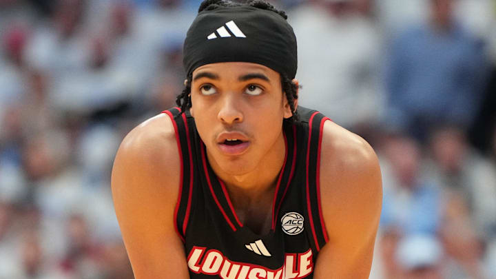 Feb 23, 2026; Chapel Hill, North Carolina, USA; Louisville Cardinals guard Mikel Brown Jr. (0) on the court in the second half at Dean E. Smith Center. Mandatory Credit: Bob Donnan-Imagn Images
